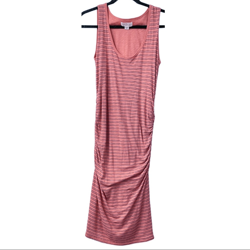 Velvet by Graham and Spencer Geneva Ruched Midi Dress Pink Striped Size Small